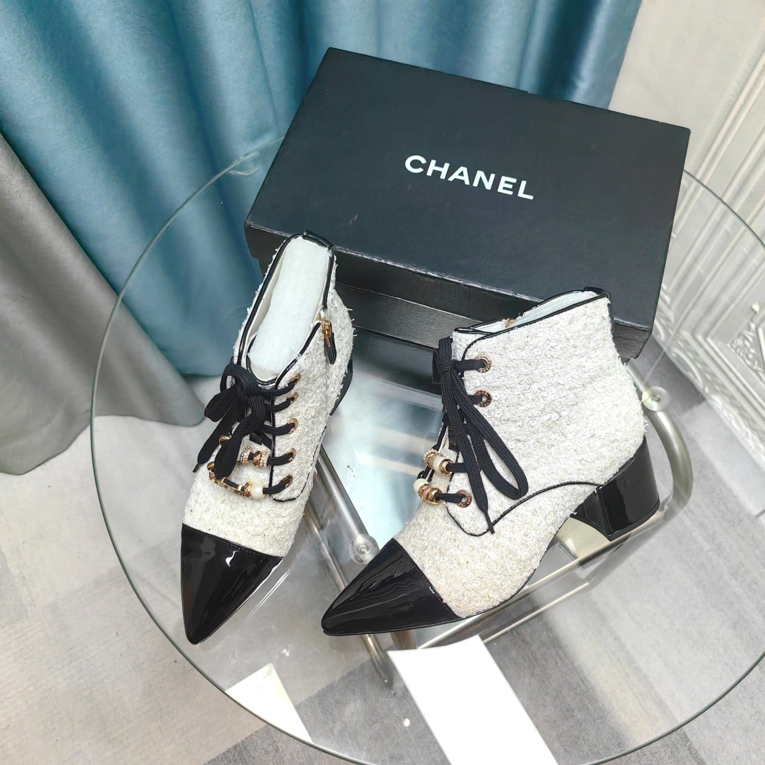 CC Ankle Boots White Tweed Fabric And Lambskin