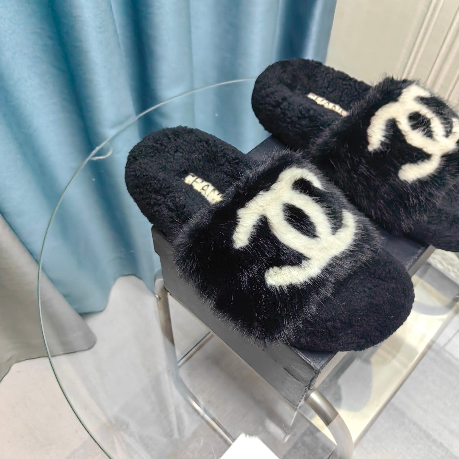 CC Slippers Black White Text Fleece Wool
