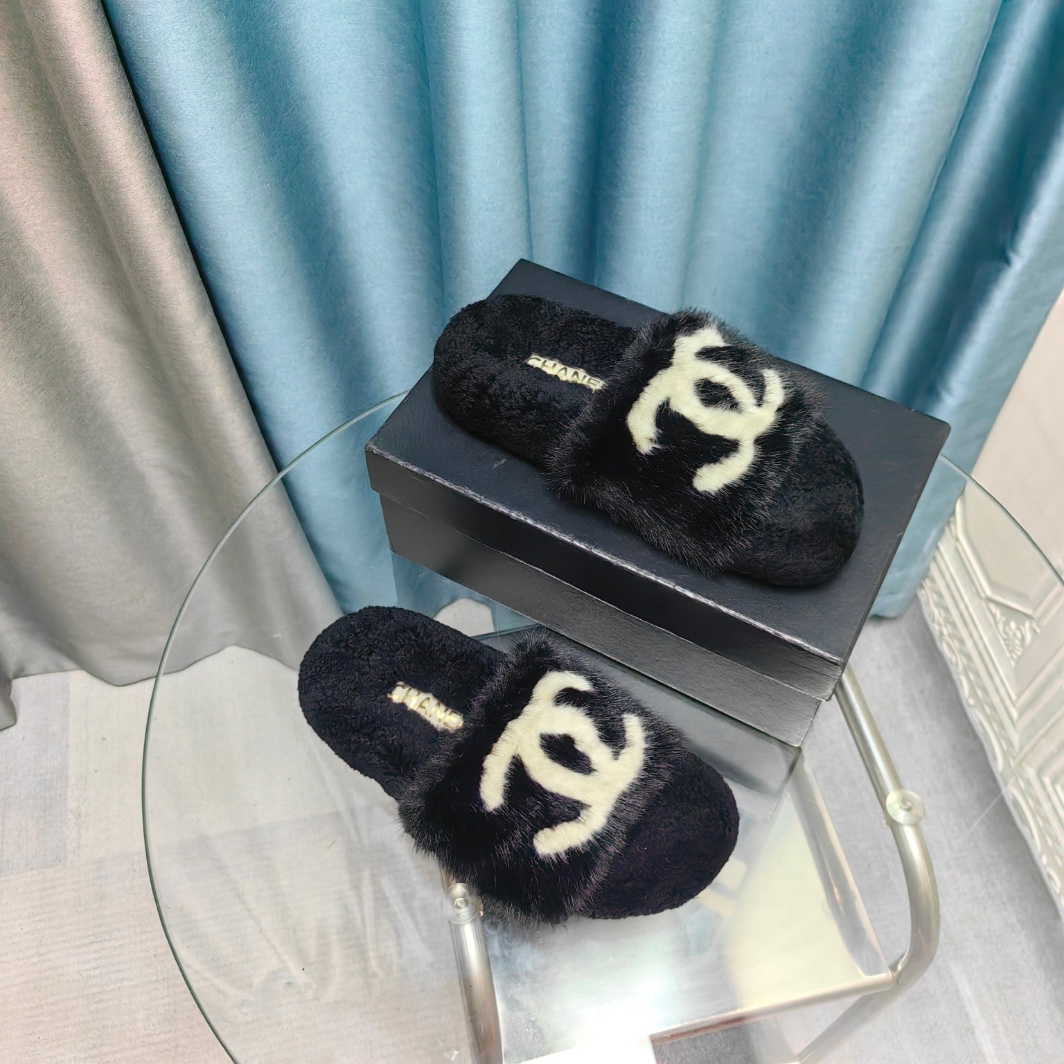 CC Slippers Black White Text Fleece Wool