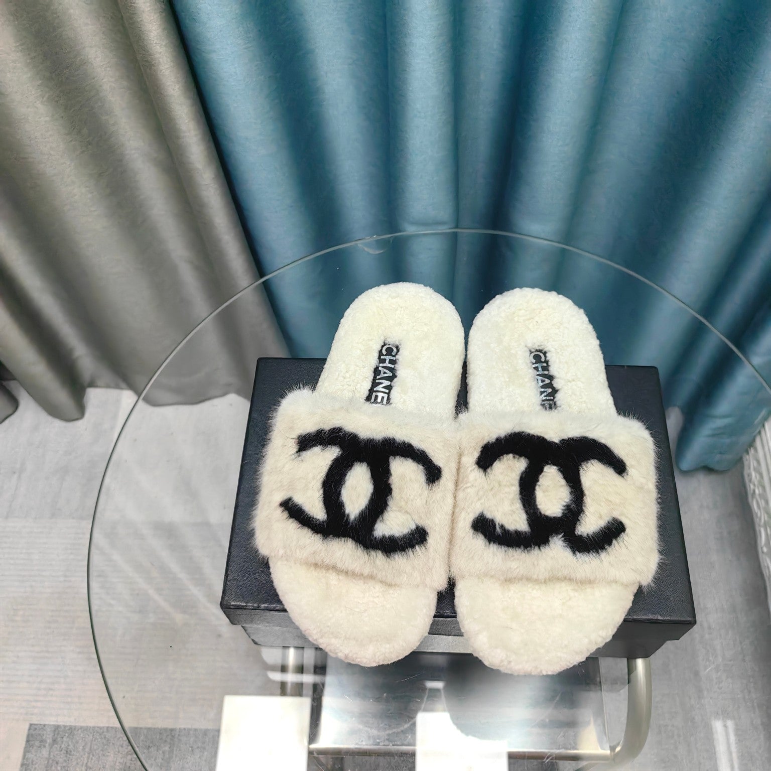 CC Slippers White Black Text Fleece Wool