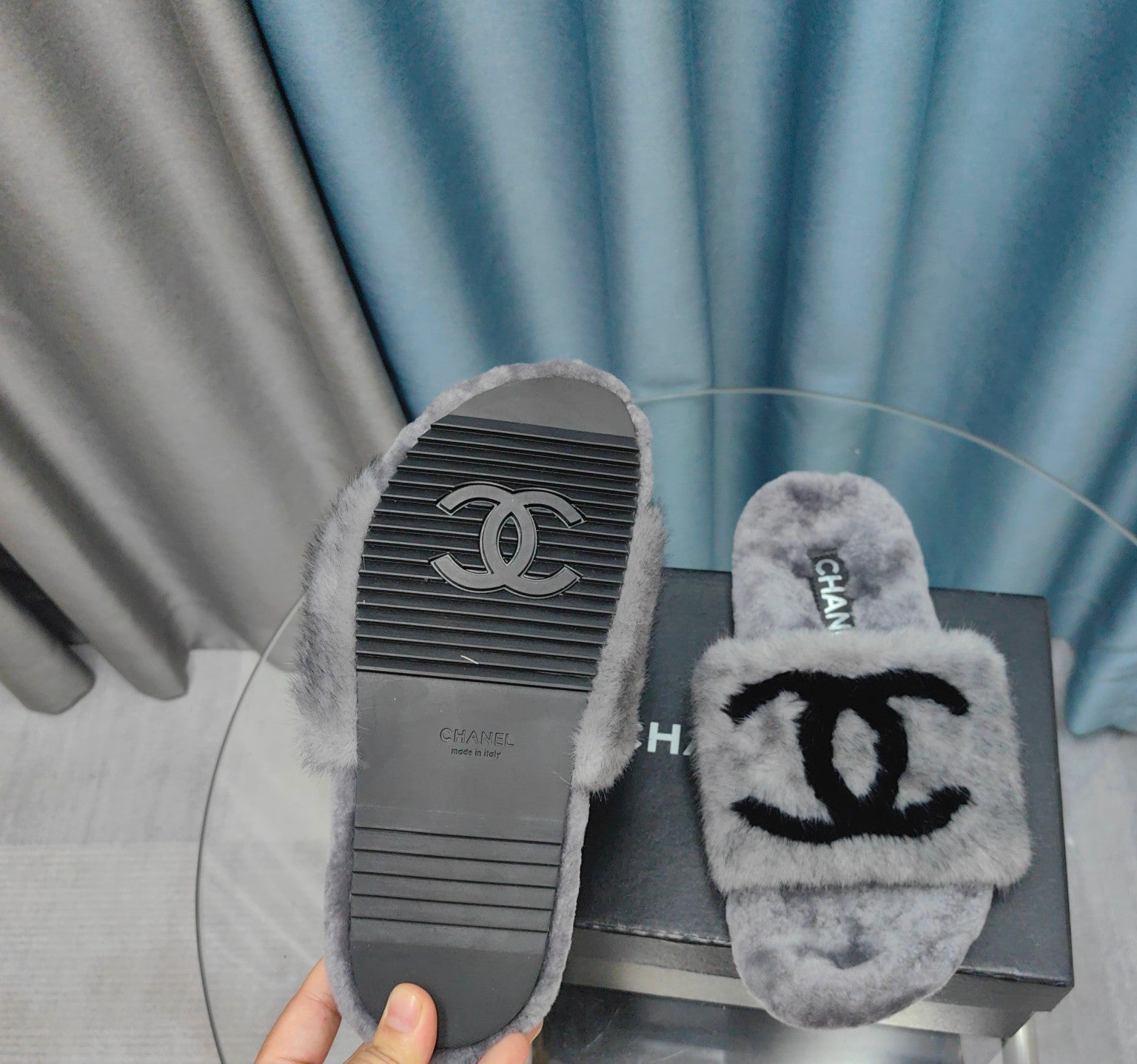 CC Slippers Grey Black Text  Fleece Wool