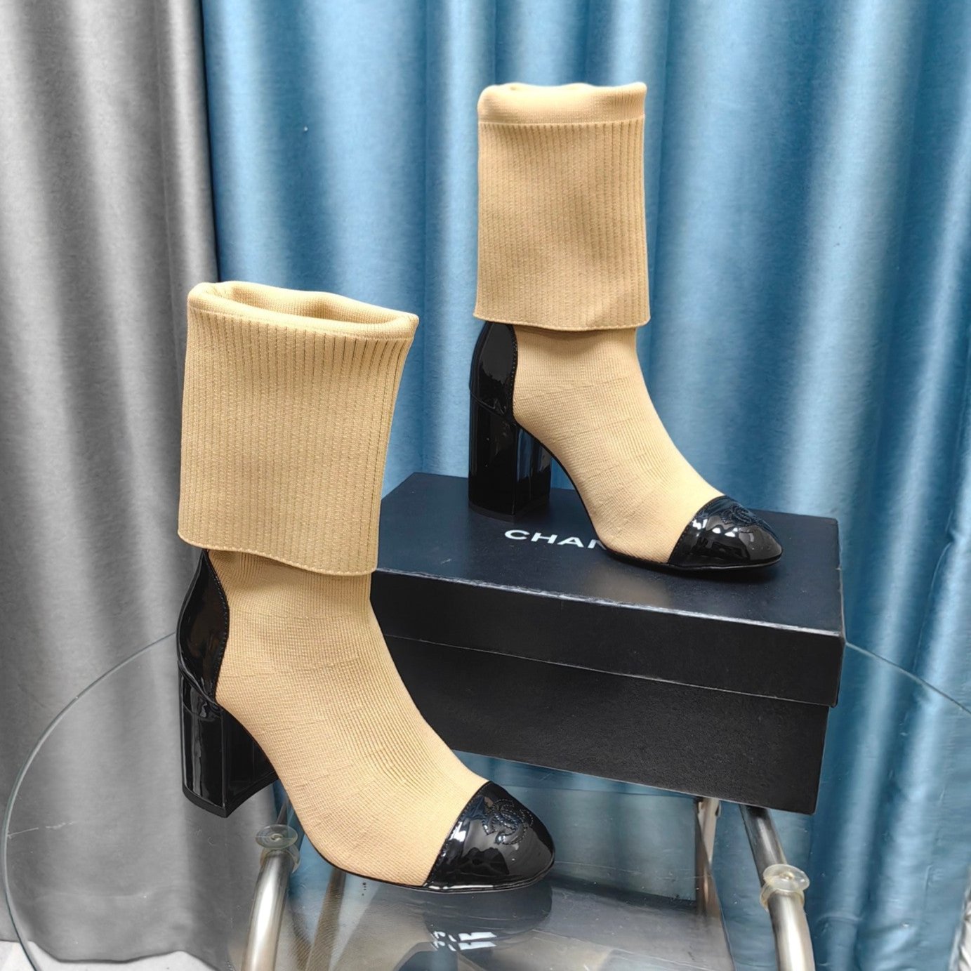 CC Short Boots 80mm Beige Wool Fabric And Lambskin