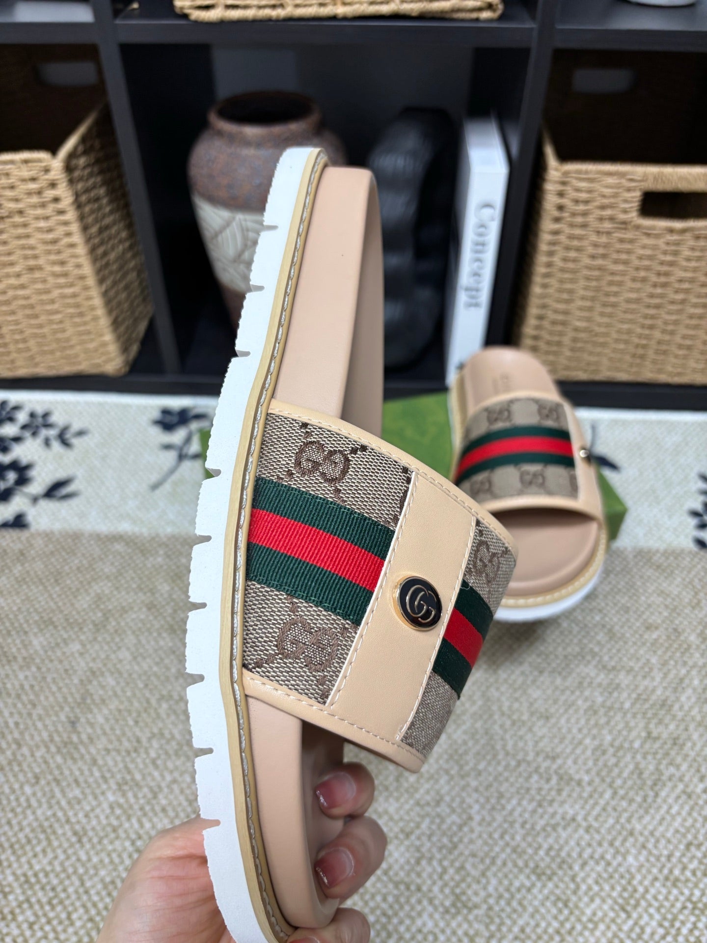 GG Men's Web Slide Beige Canvas Cowhide 595537