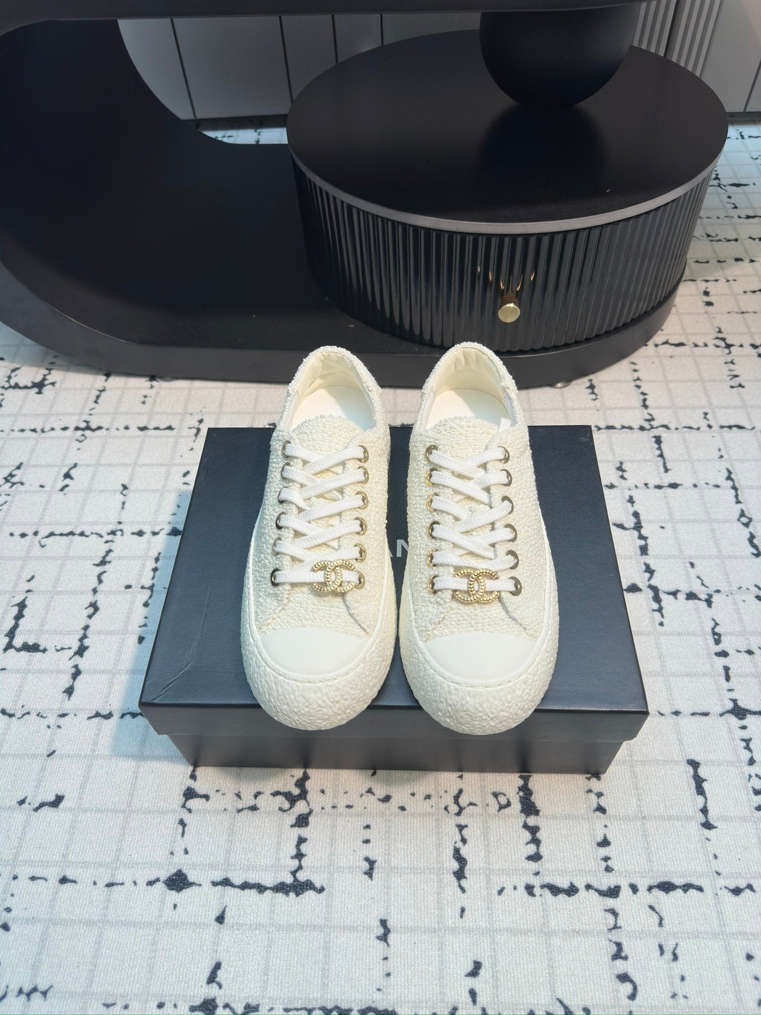 CC Low Sneaker 30mm White Tweed Fabric