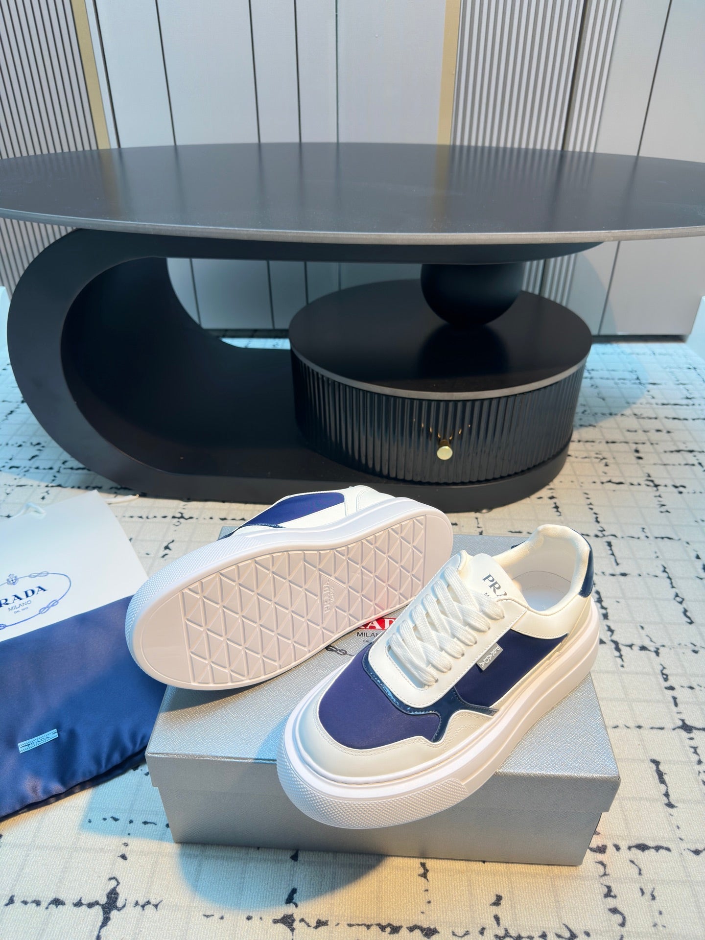 Prada 25s  Platform Sneakers White Blue Cowhide 538420