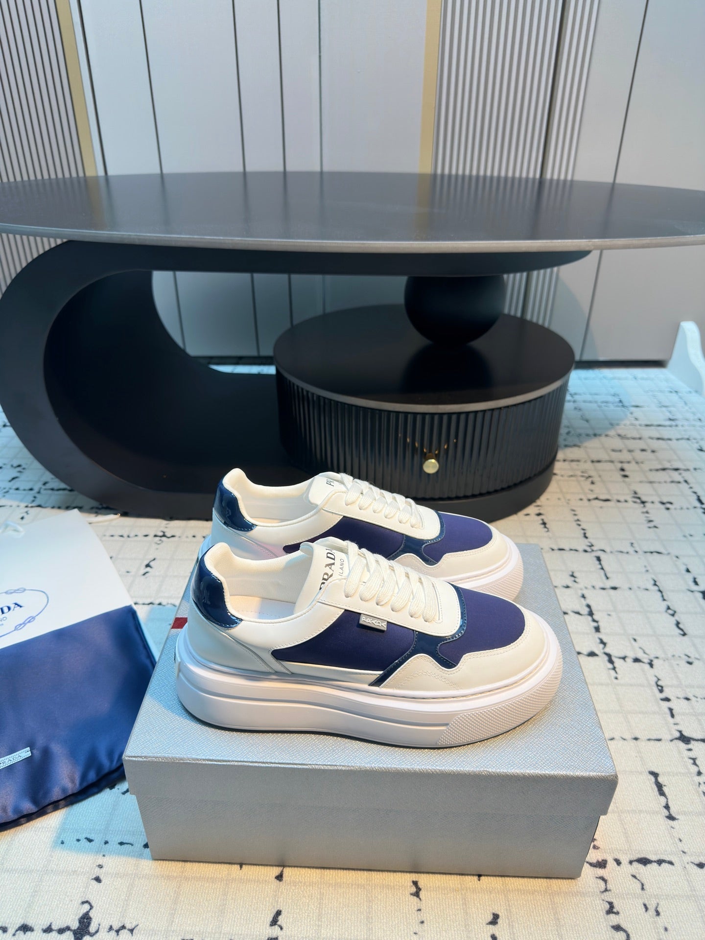 Prada 25s  Platform Sneakers White Blue Cowhide 538420