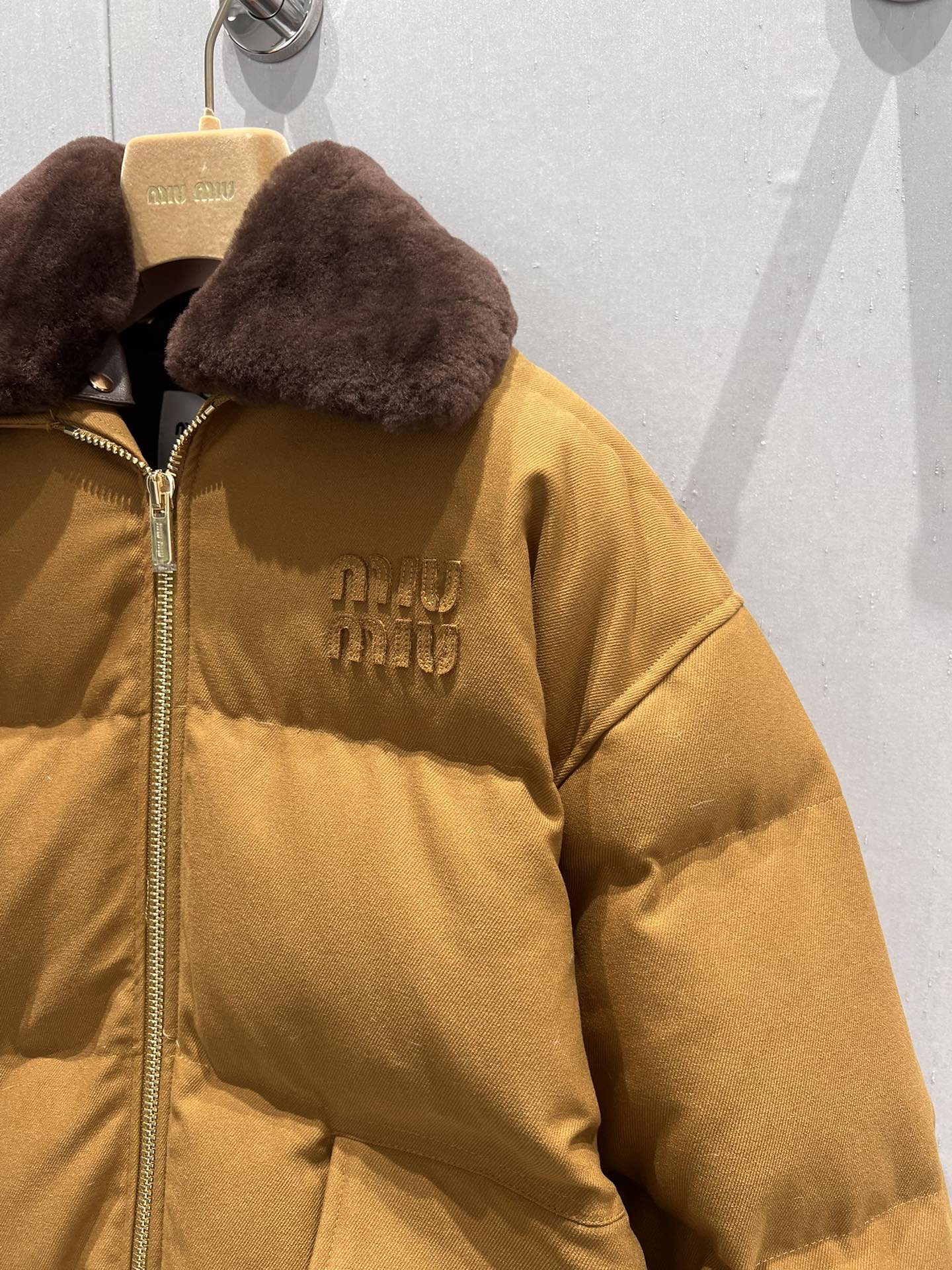 Miu Miu Collar Down jacket Camel Brown Polyester Fiber