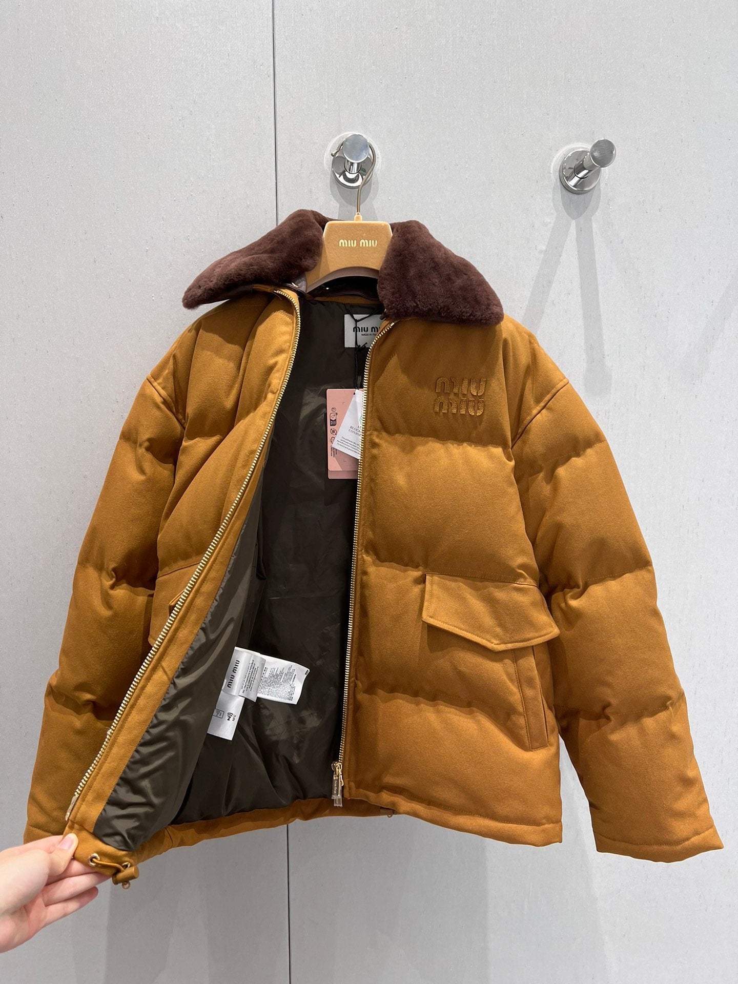 Miu Miu Collar Down jacket Camel Brown Polyester Fiber