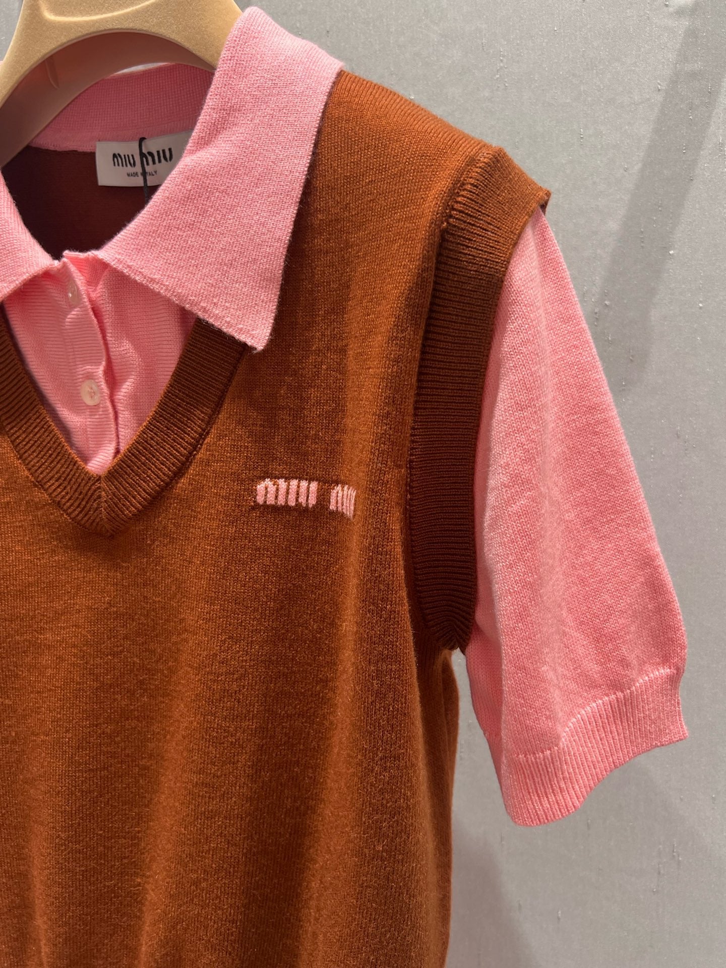 Miu Miu 25 Two-piece Vest Polo short-sleeved Knitted Top Pink Brown Wool 210563