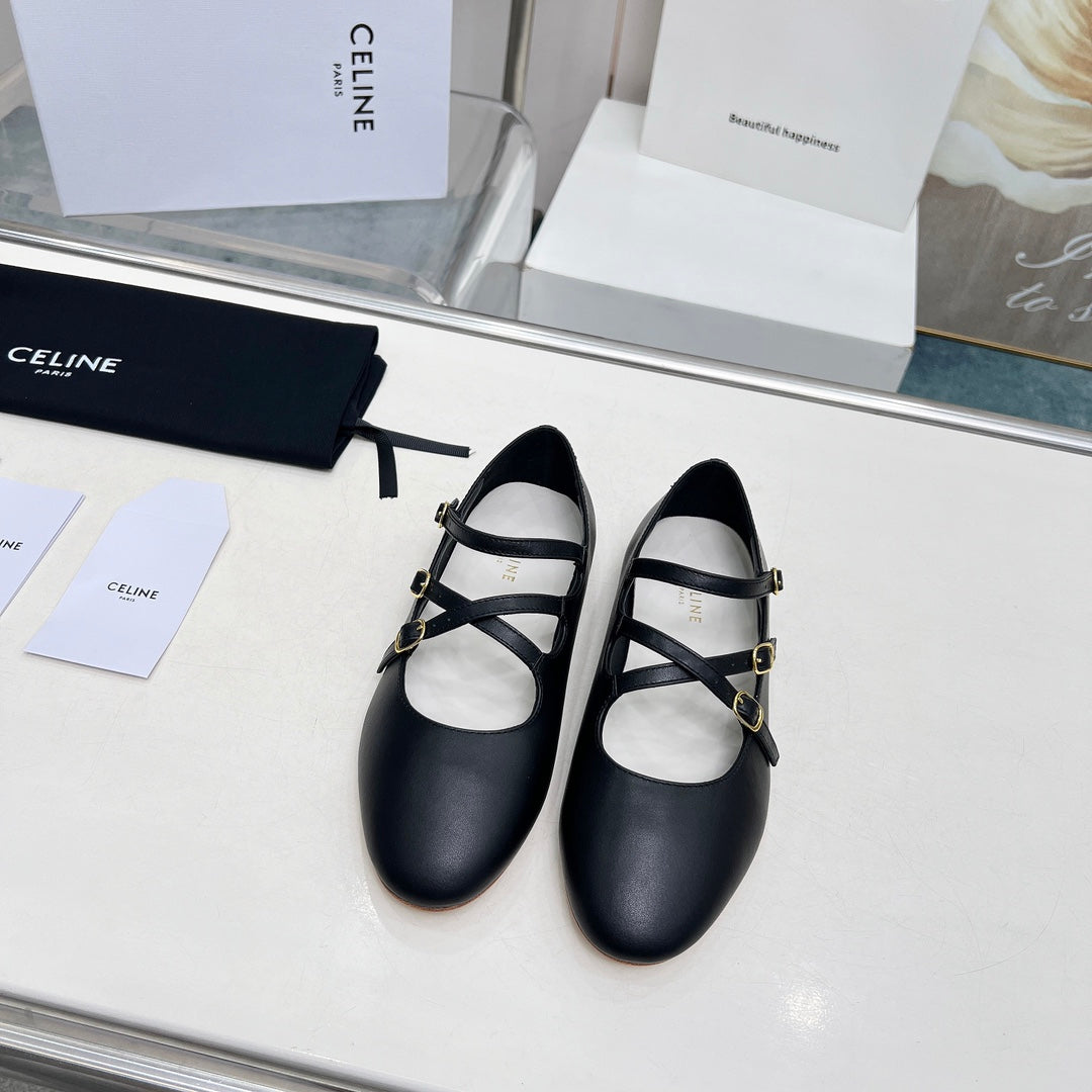 BALLET FLAT WITH CROSSOVER STRAP IN BLACK LAMBSKIN