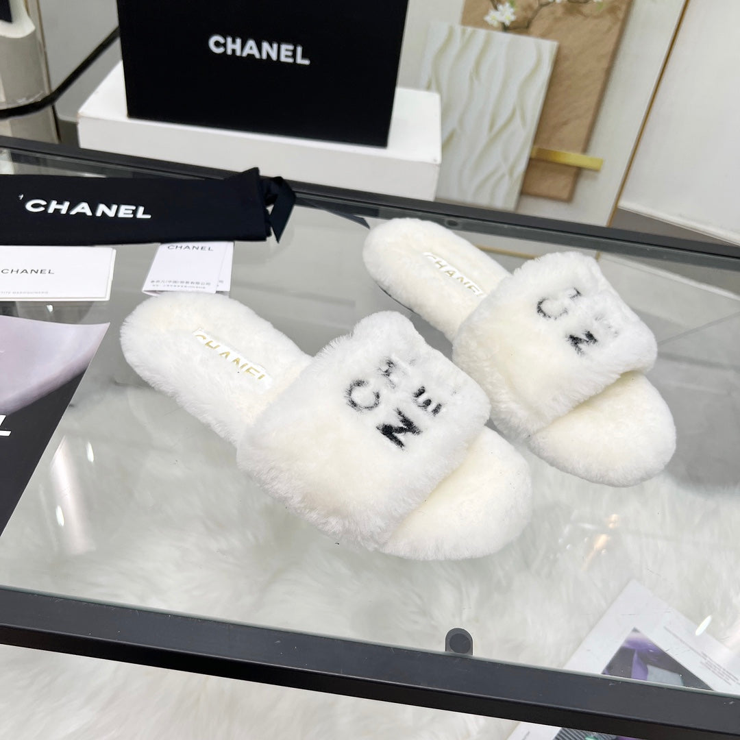 CC Slippers White With Black Lettering Fleece