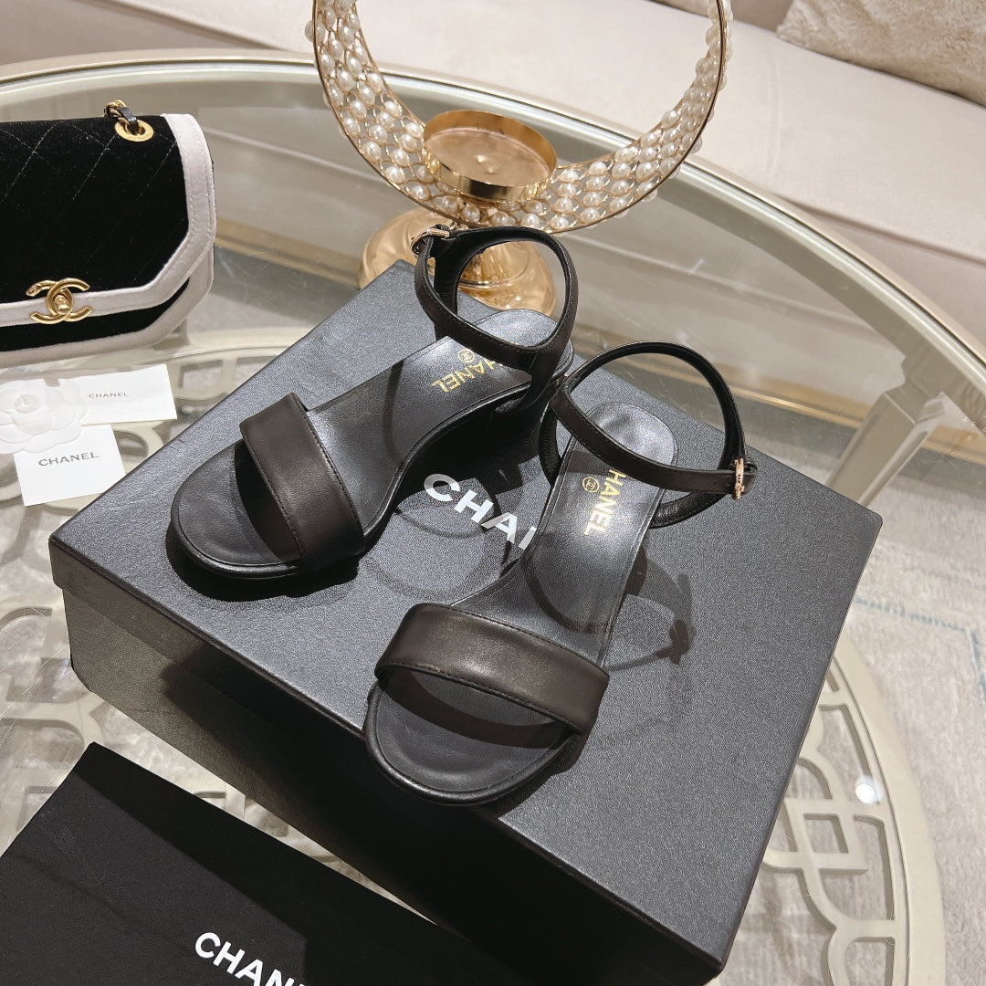 CC 25C 5CM Mid Heed Sandals Black Italian Leather 213315