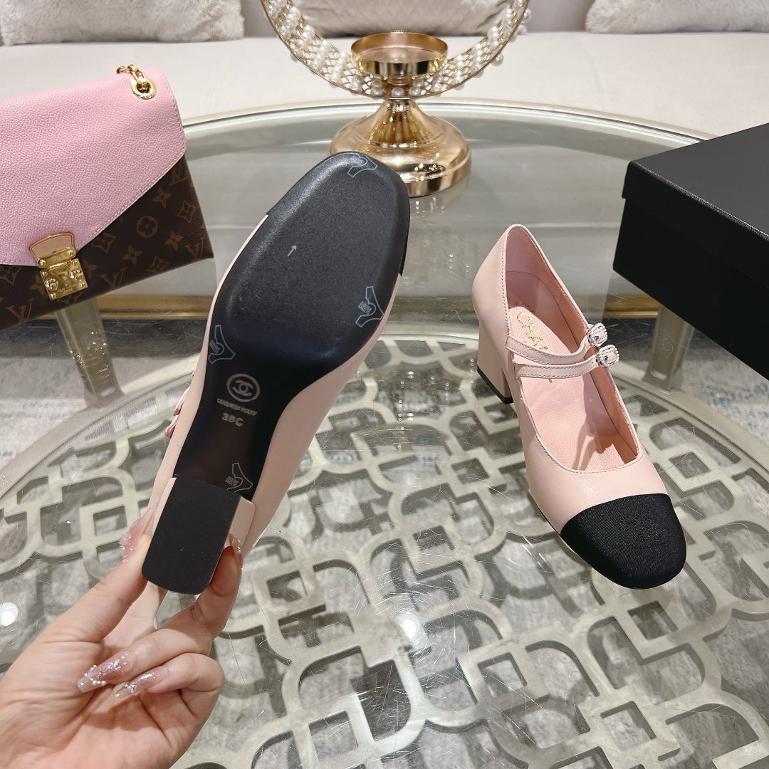 mary janes 60 double buckle light pink calfskin black grosgrain