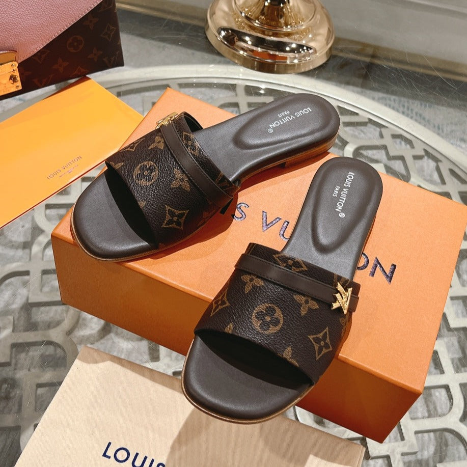lv sandal isola flat mule dark brown monogram calfskin