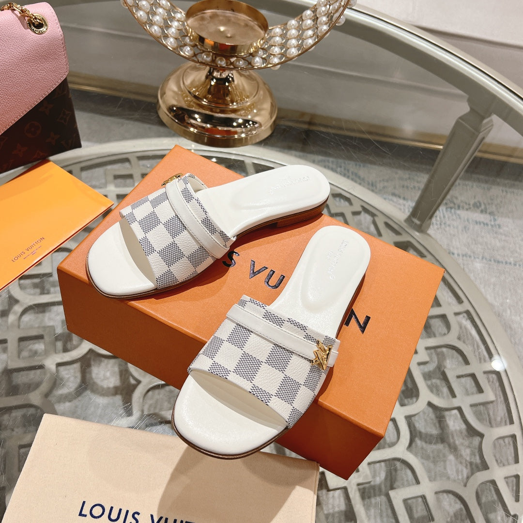 lv sandal isola flat mule white grey damier calfskin
