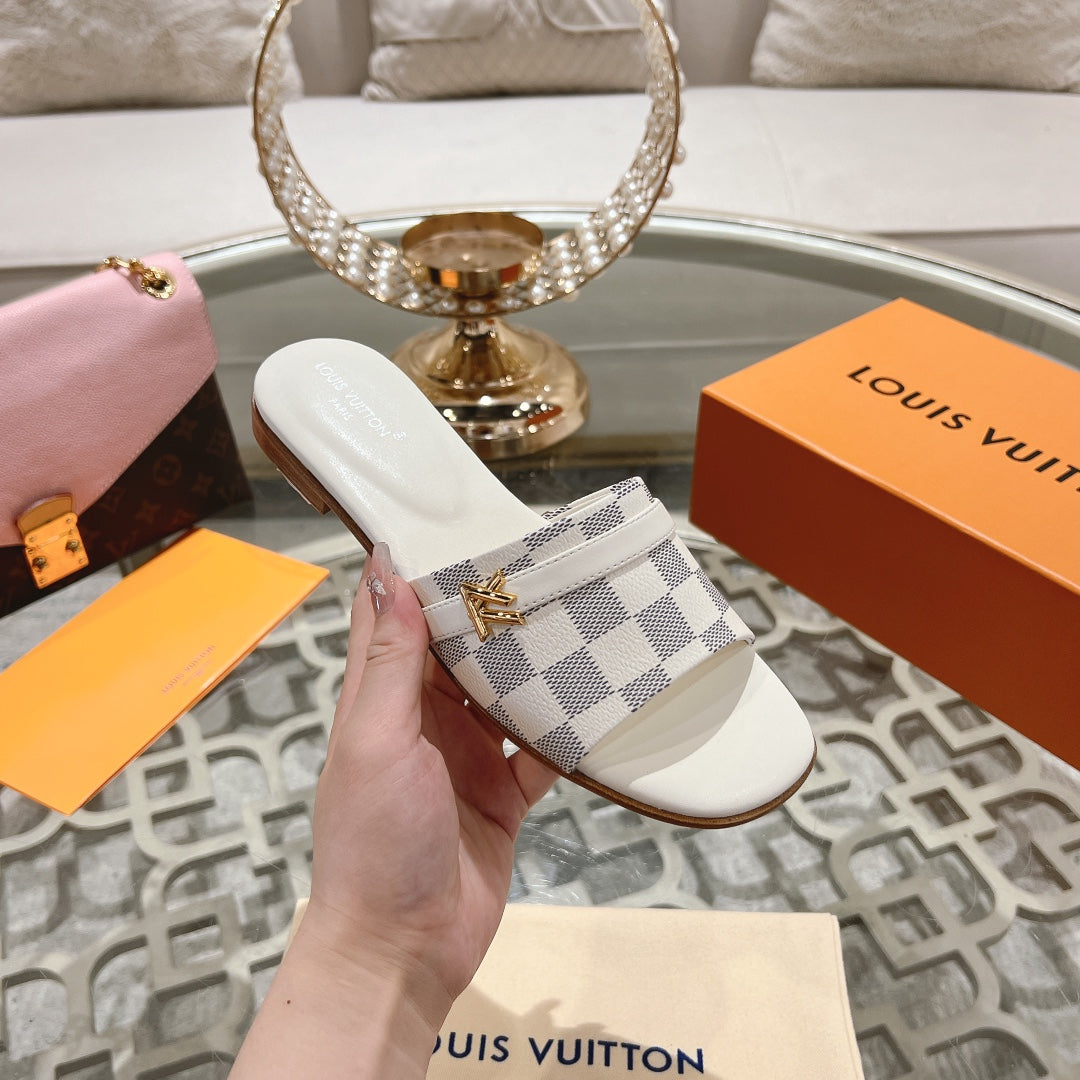 lv sandal isola flat mule white grey damier calfskin