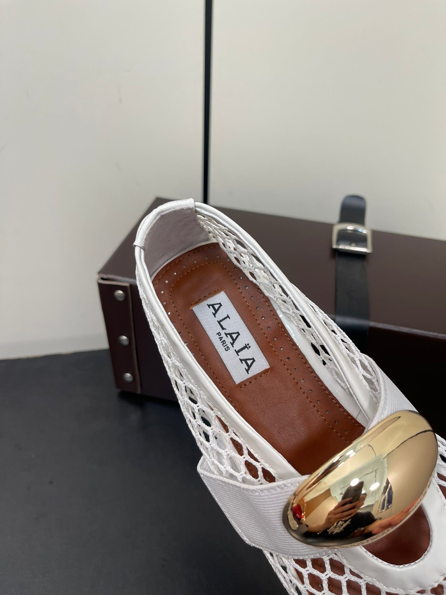 ALAIA BALLET FLATS IN WHITE MESH FISHNET WITH GOLD HARDWARE