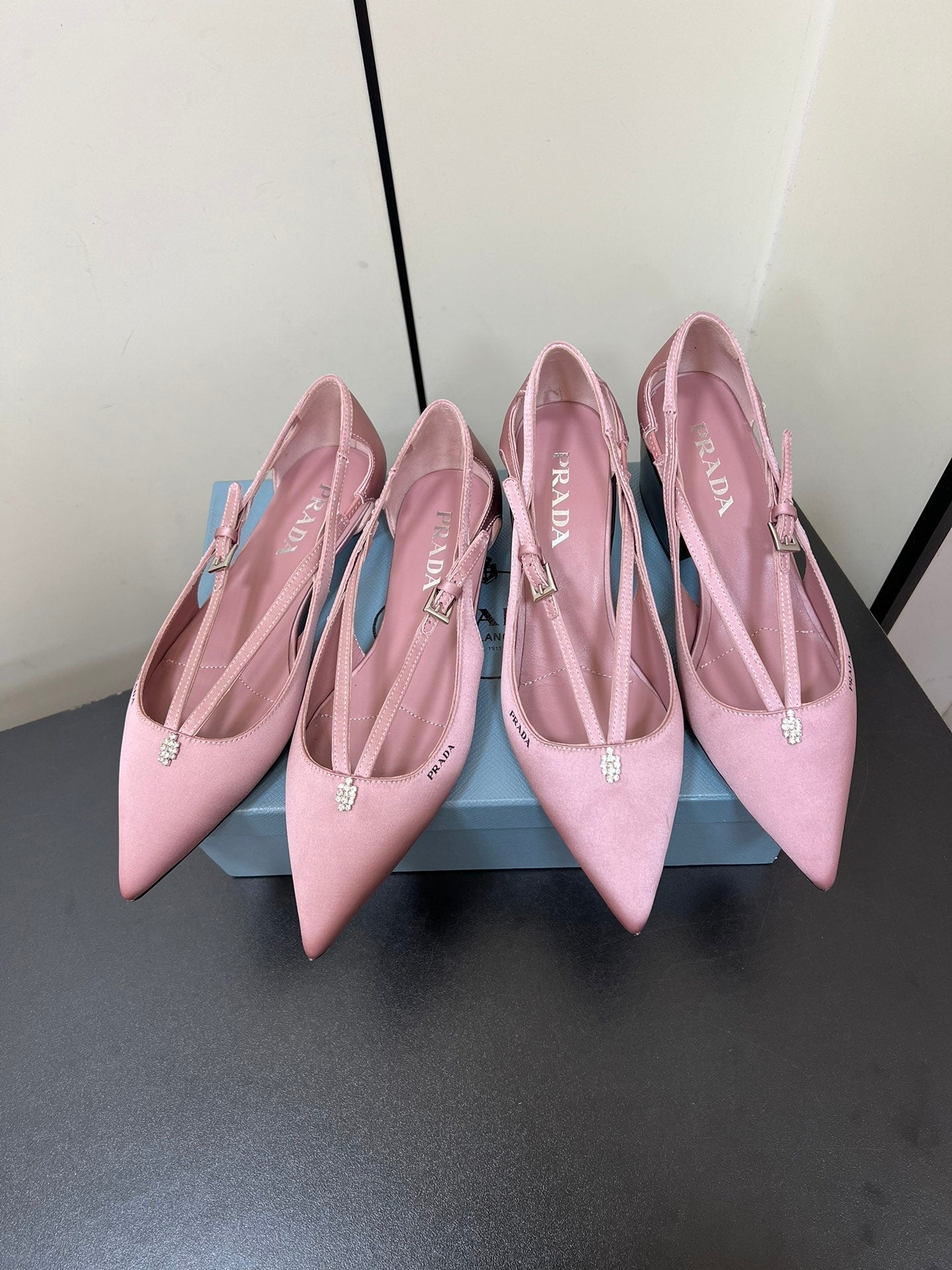 CUT-OUT BALLERINA FLAT IN BABY PINK SATIN ATTACHED BEAD BUCKLE