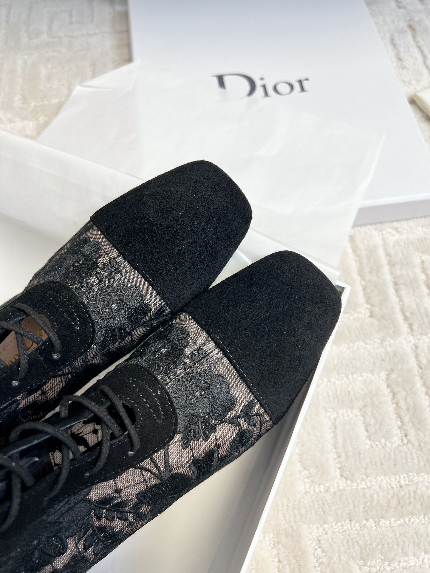 CD Naughtily-D Heeled High Boots Black Transparent Mesh Roses Embroidery And Suede