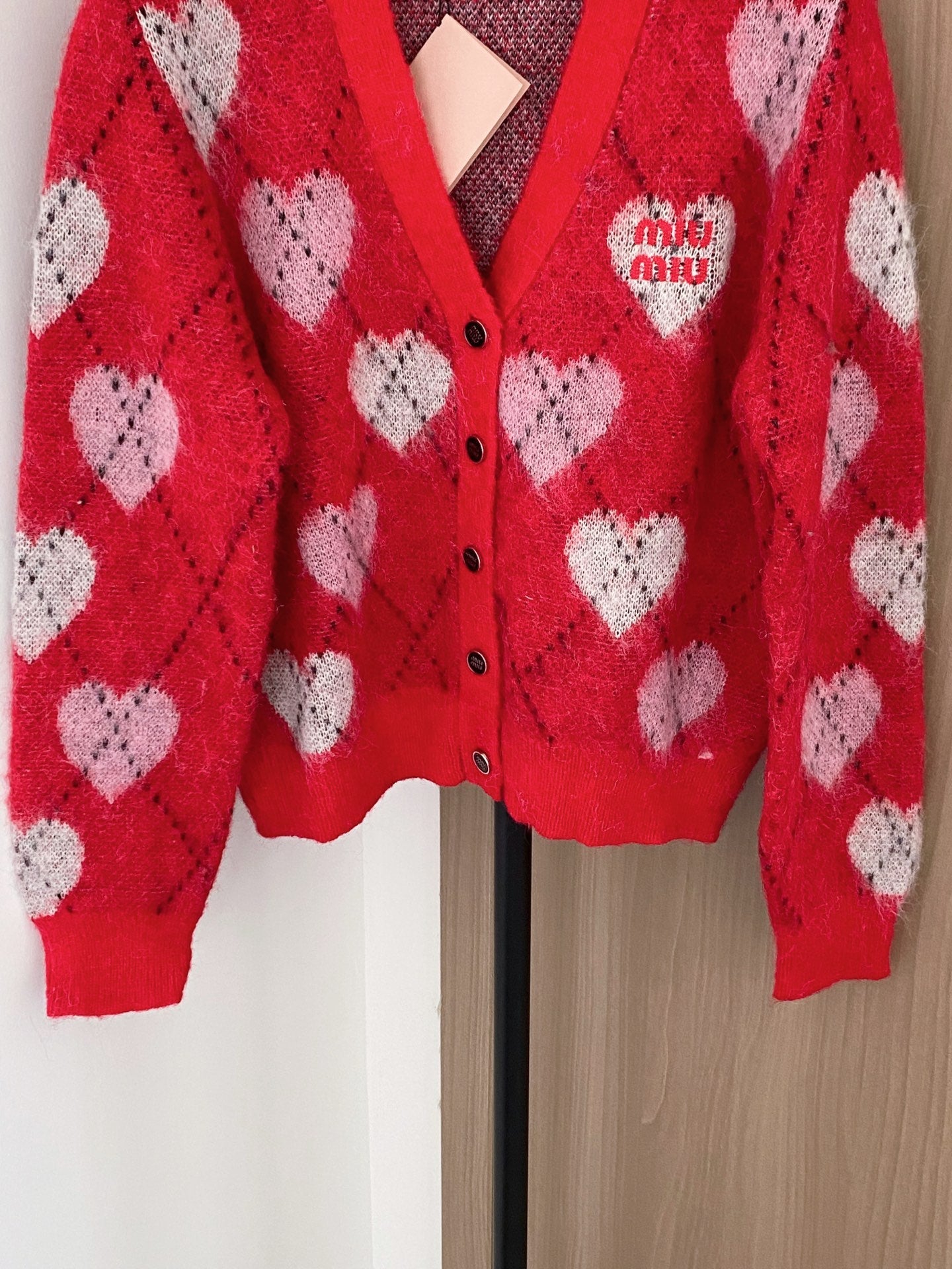 Miumiu 2025 Heart Cardigan Red mix White Wool