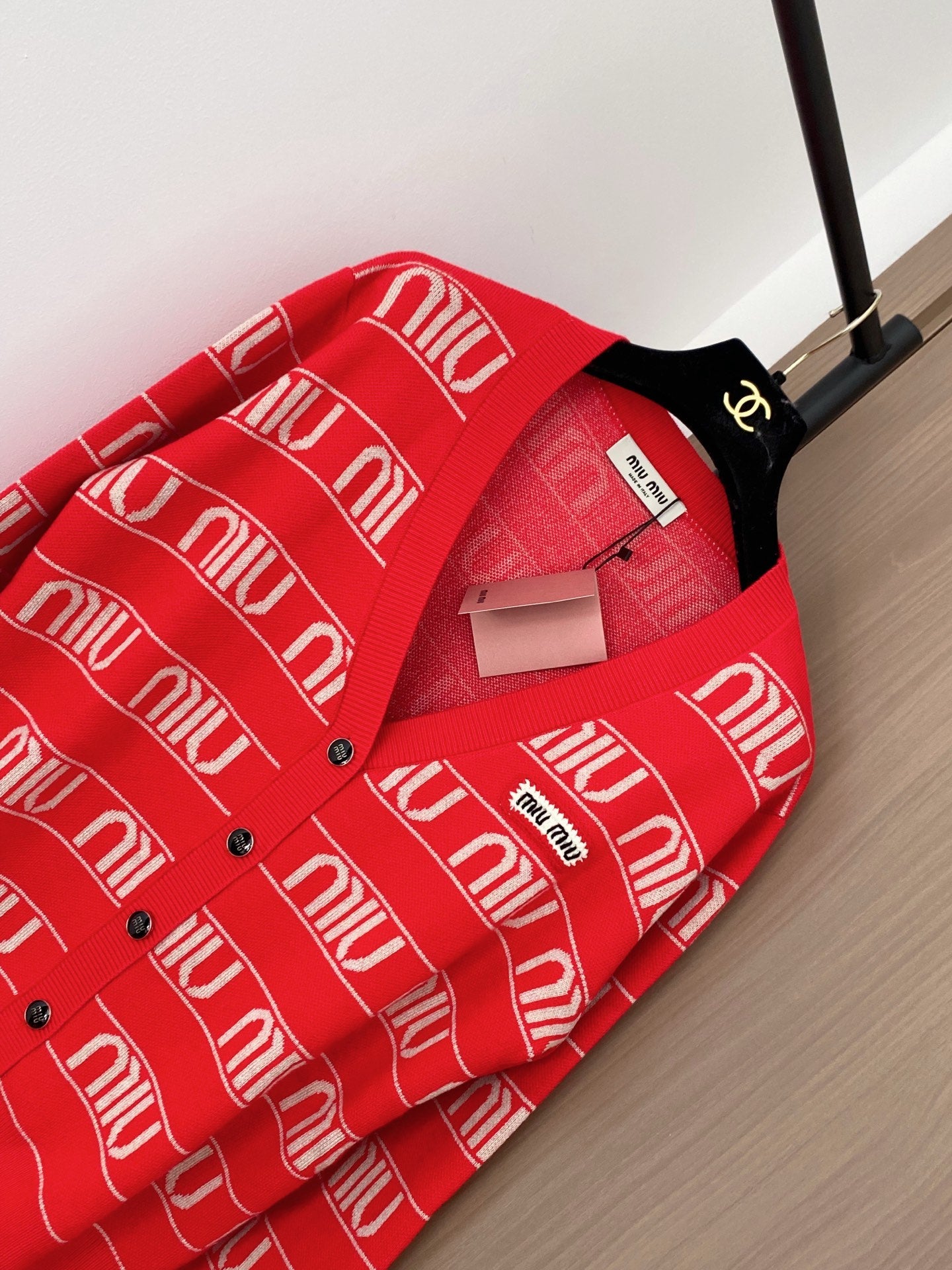 Miumiu 2025 V-neck Cardigan Red mix White Wool