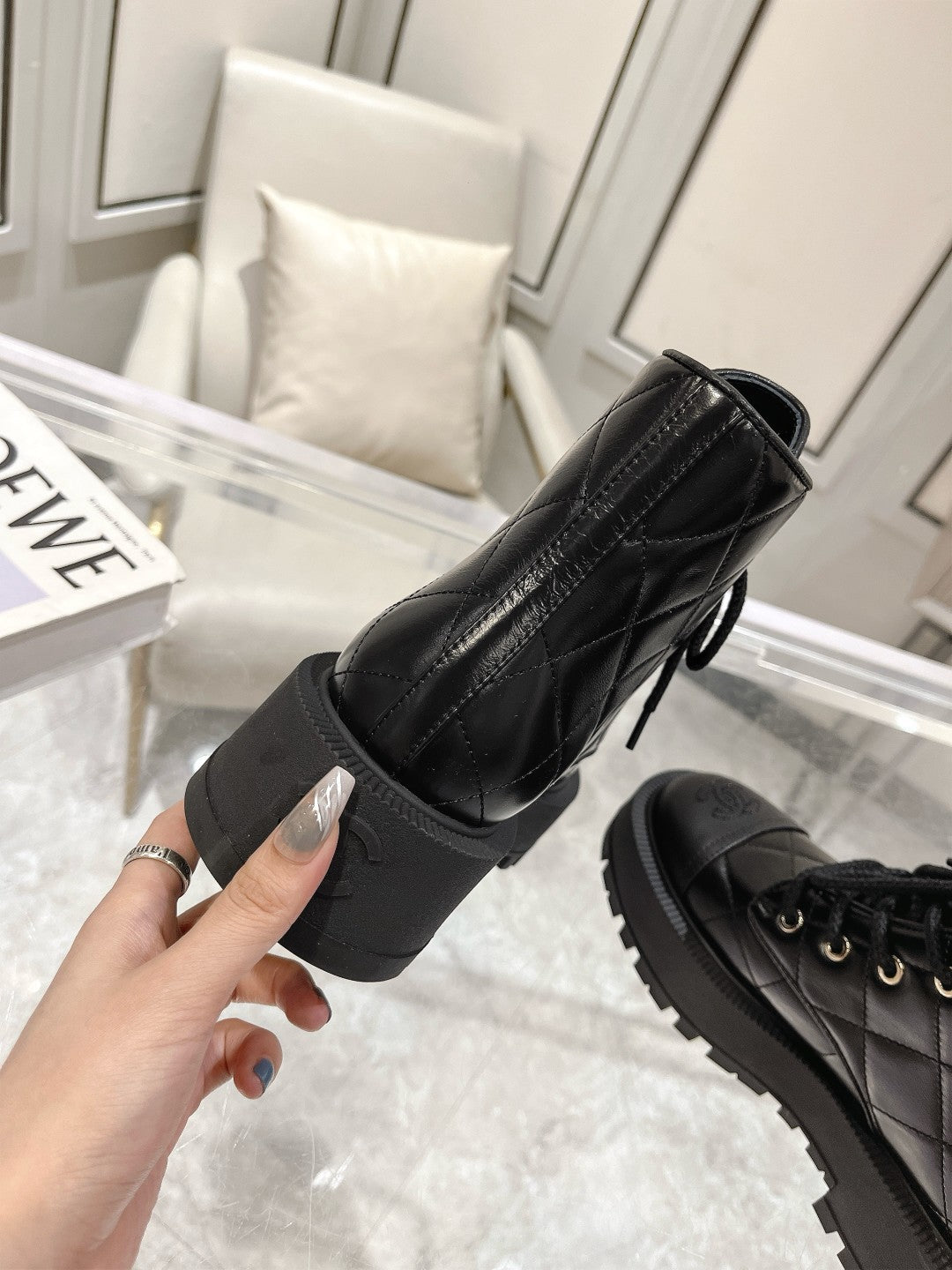 CC Combat Boots 50mm In Glossy Black Cowhide And Lambskin  944661