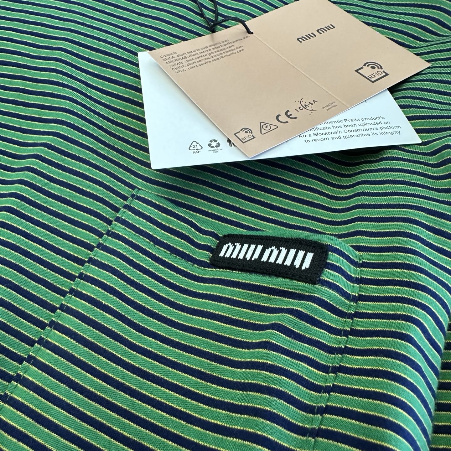 Miumiu 2026 Striped Long-sleeved Shirt Green Mix Blue Cotton 420187
