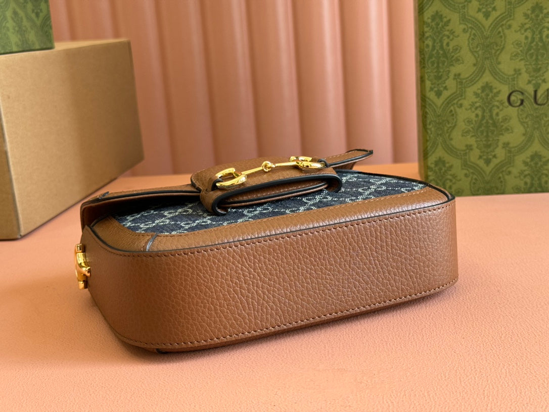 Gucci Horsebit Bag Blue mix Brown Leather Canvas 244253