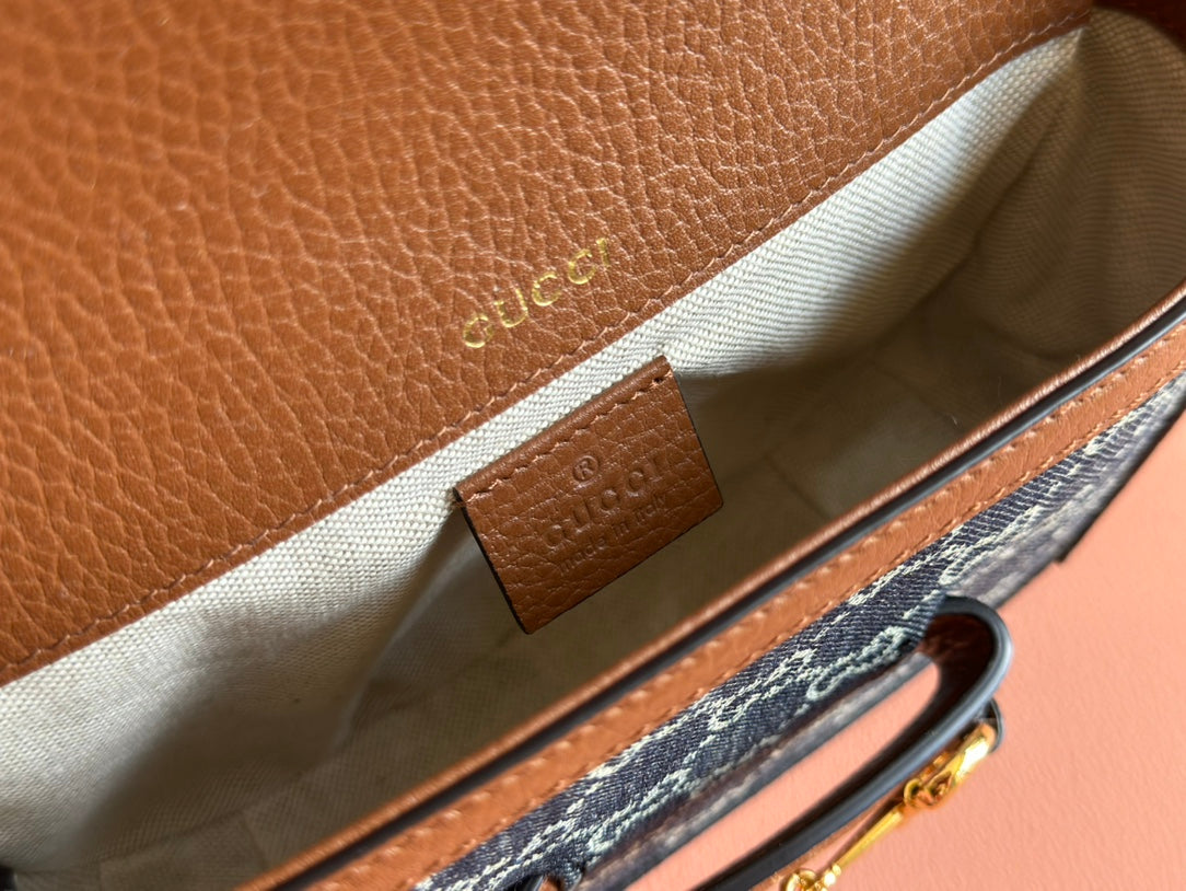 Gucci Horsebit Bag Blue mix Brown Leather Canvas 244253