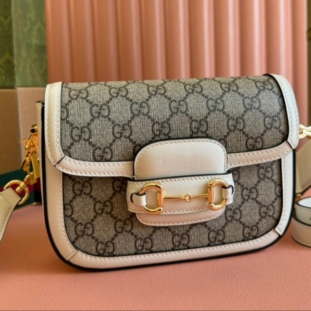 Gucci Horsebit Bag Ebony mix White Leather Canvas 244256