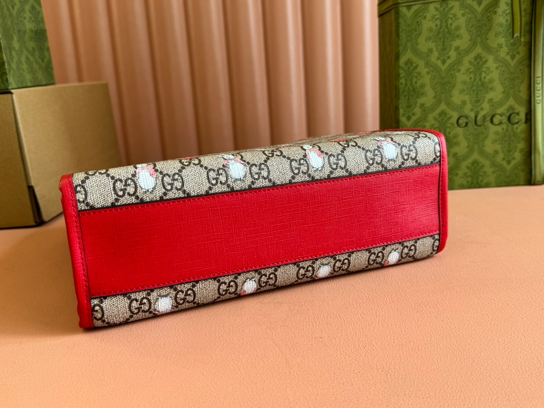 Gucci Bunny Print Tote Bag Red Beige Canvas 231228