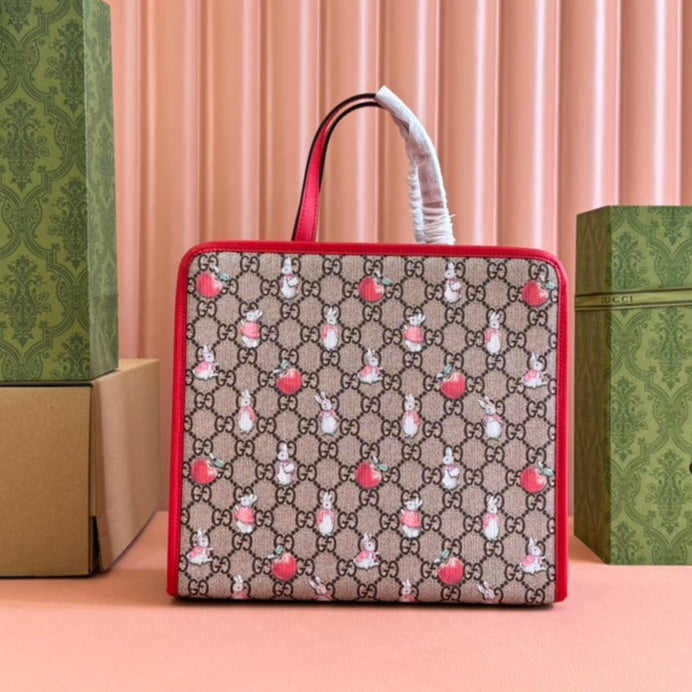 Gucci Bunny Print Tote Bag Red Beige Canvas 231228