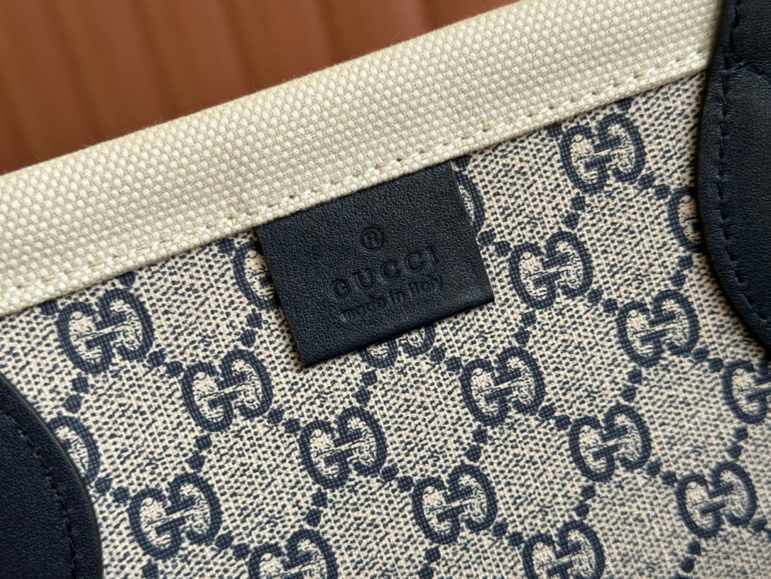 Gucci Medium Tote Bag Blue White Leather Canvas 248186