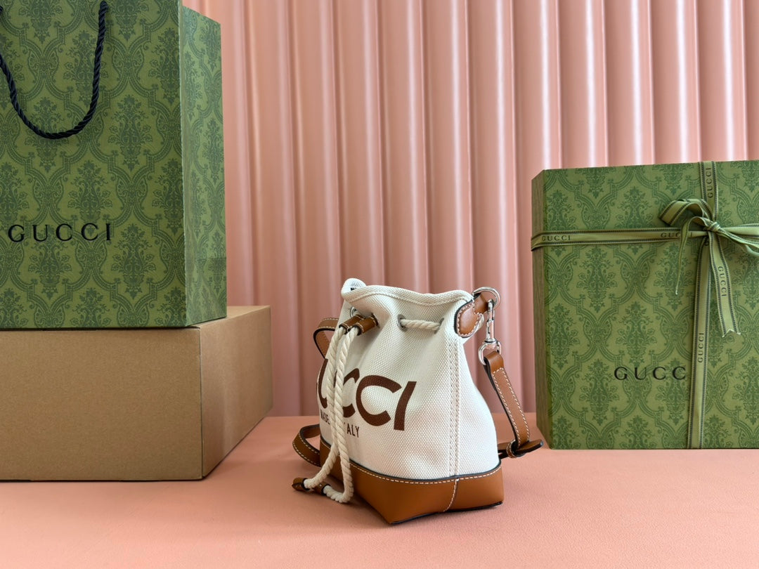 Gucci Bucket Bag Brown White Leather Canvas