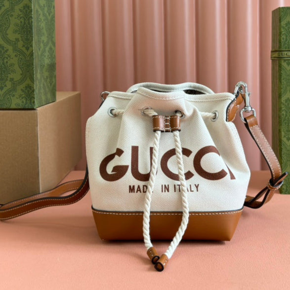 Gucci Bucket Bag Brown White Leather Canvas