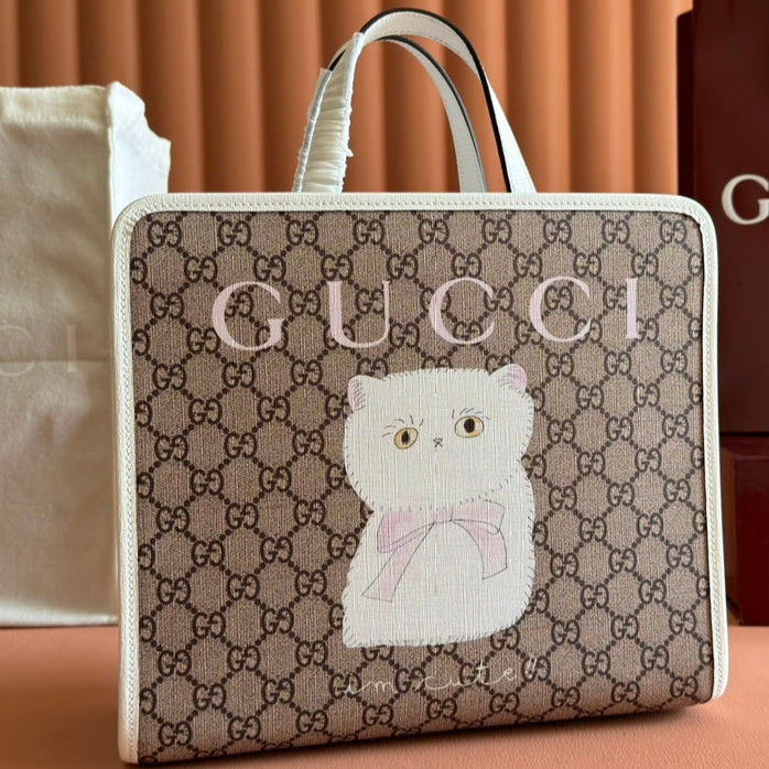 Gucci Cat Print Tote Bag White Beige Canvas 231241