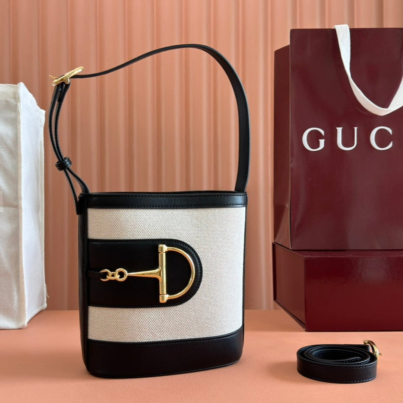 Gucci 73 Mini Bucket Bag Black White Leather Canvas 239679