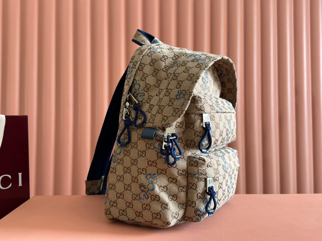 Gucci Snake Pattern Backpack Beige mix Brown Blue Calfskin Canvas 244338