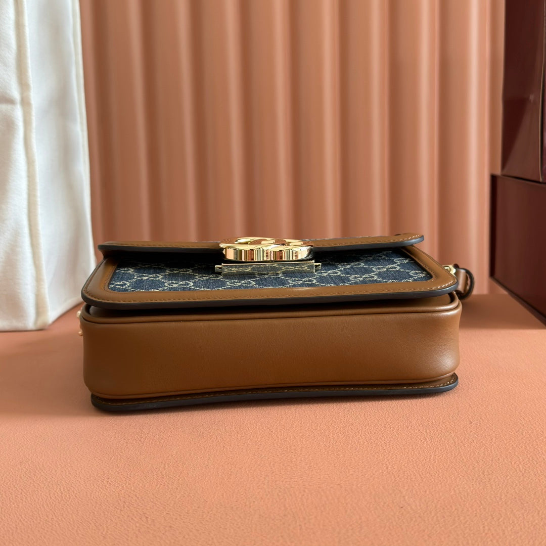 Gucci GO Small Shoulder Bag Brown mix Blue Leather Canvas 248117