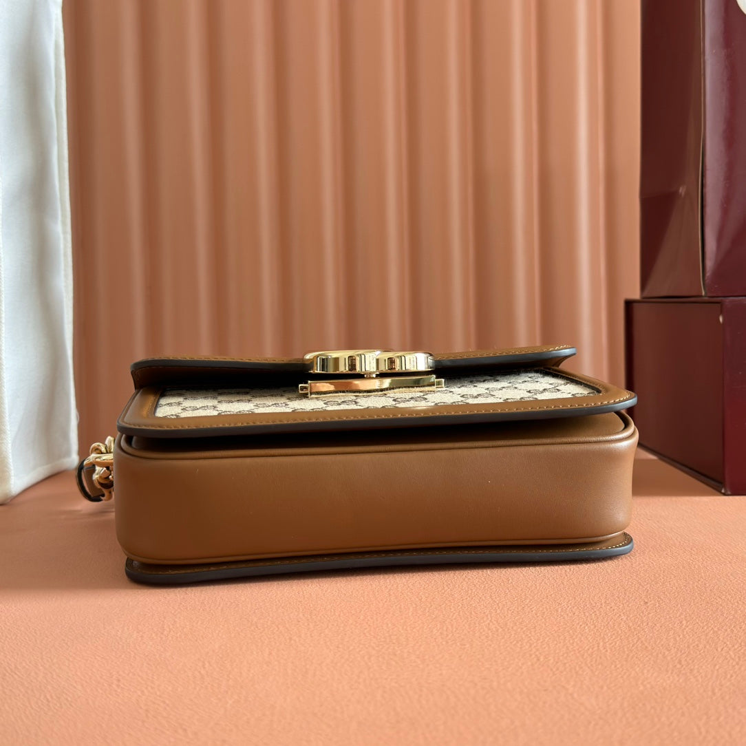 Gucci GO Small Shoulder Bag Brown mix Beige Leather Canvas 248116