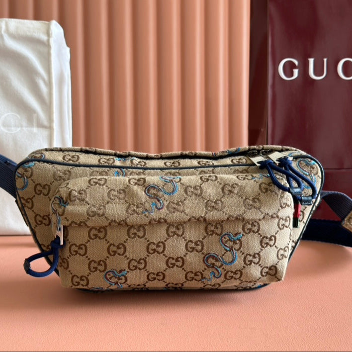 Gucci Snake Print Bag Beige mix Blue Canvas 248145