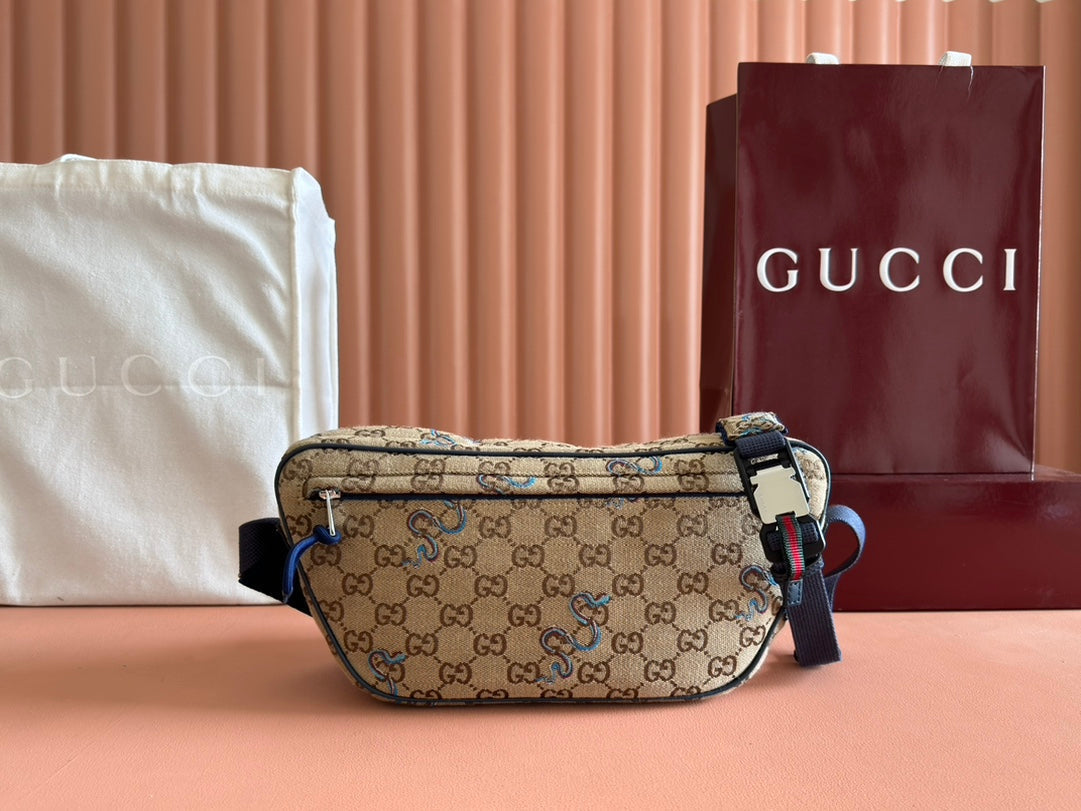 Gucci Snake Print Bag Beige mix Blue Canvas 248145