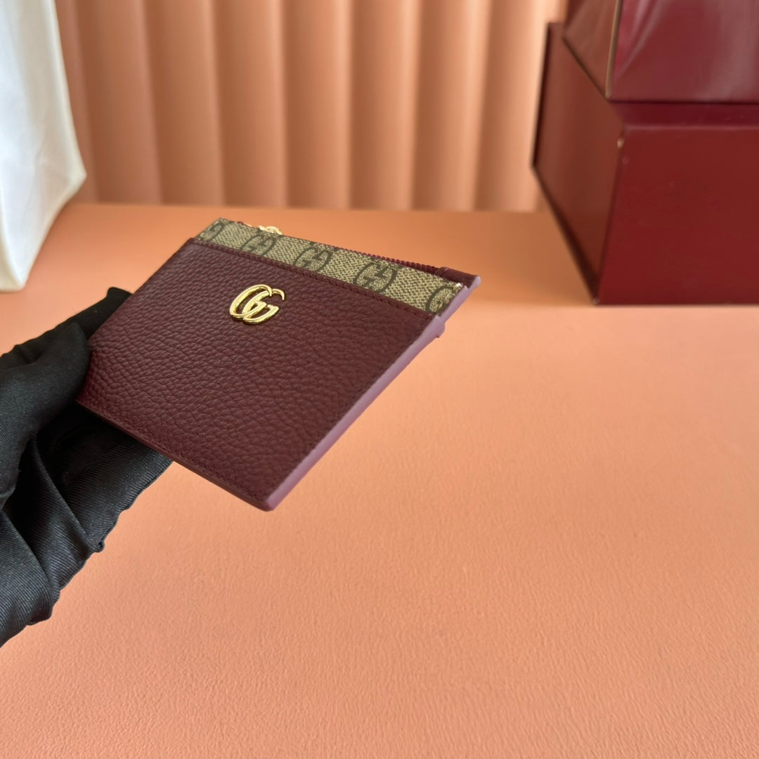 GG Marmont Card Case Zipper Wallet Rosso Ancora Red Leather Canvas 255160