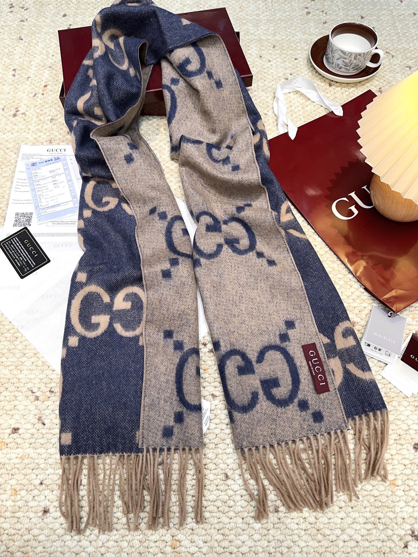 GG Double G Jacquard Scarf 200CM  Blue Beige Wool 282792