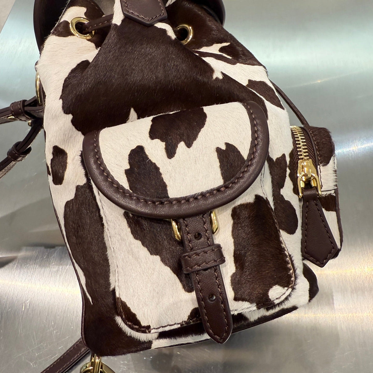 MiuMiu 2026 Calf Hair Backpack 18cm Brown White Suede