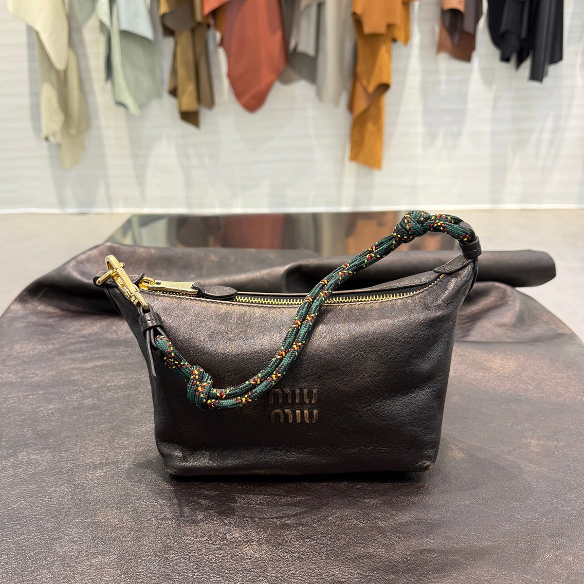 MiuMiu 2026 Aged-Effect Bag 19cm Black Leather
