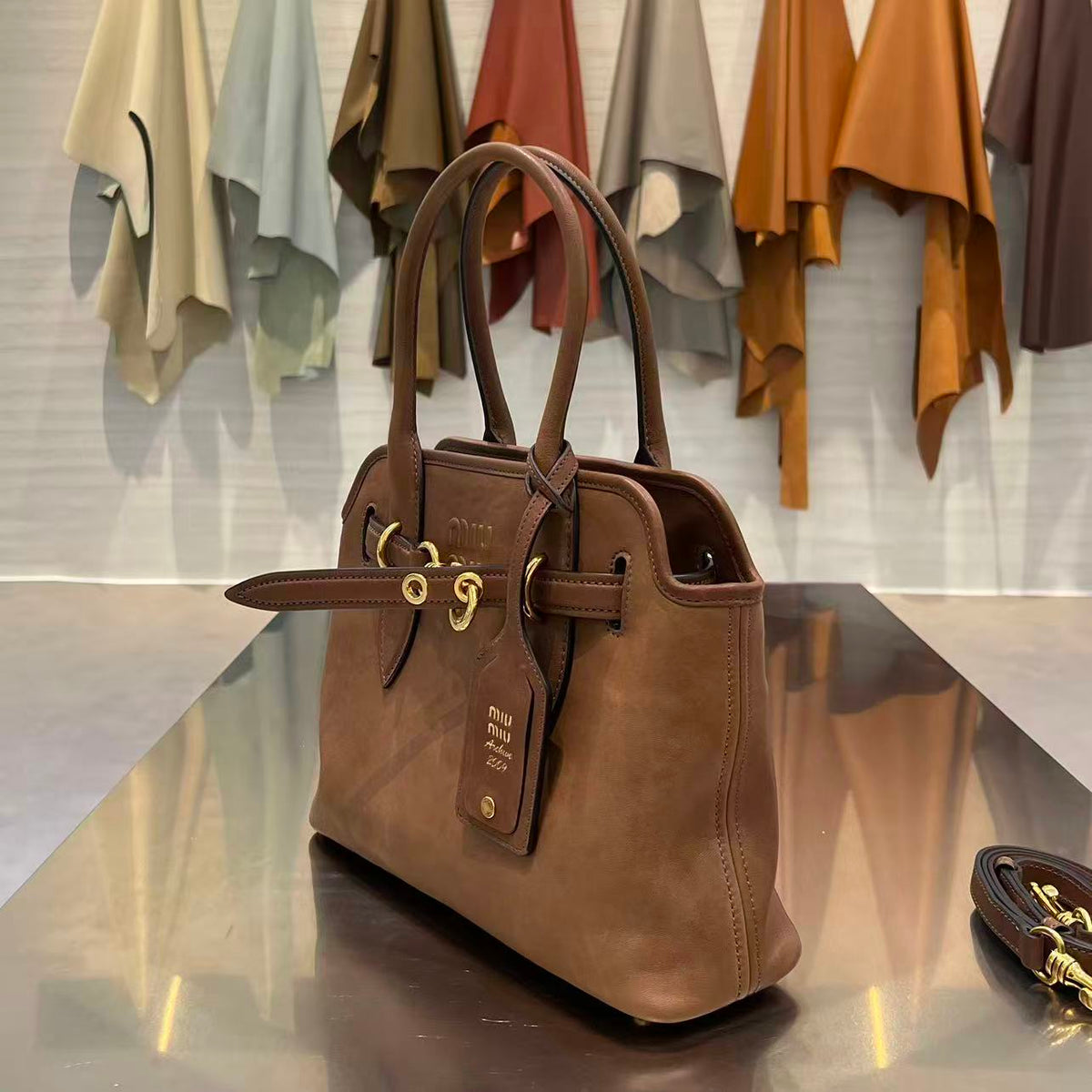 MiuMiu 2026 Aventure Tote Bag 30cm Canvas Leather