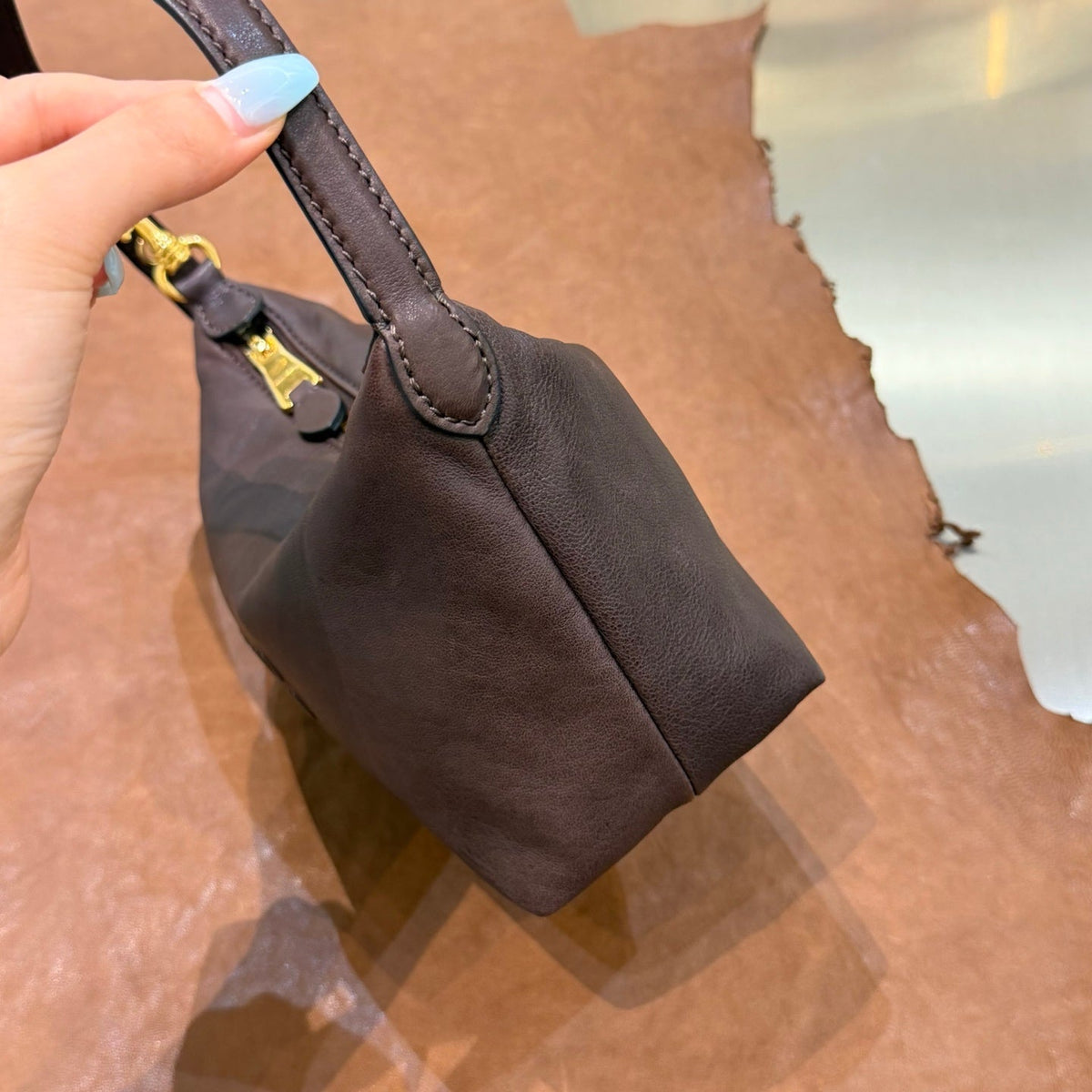 MiuMiu 2026 Spirit Pouch Bag 19cm Dark Brown Nappa Leather