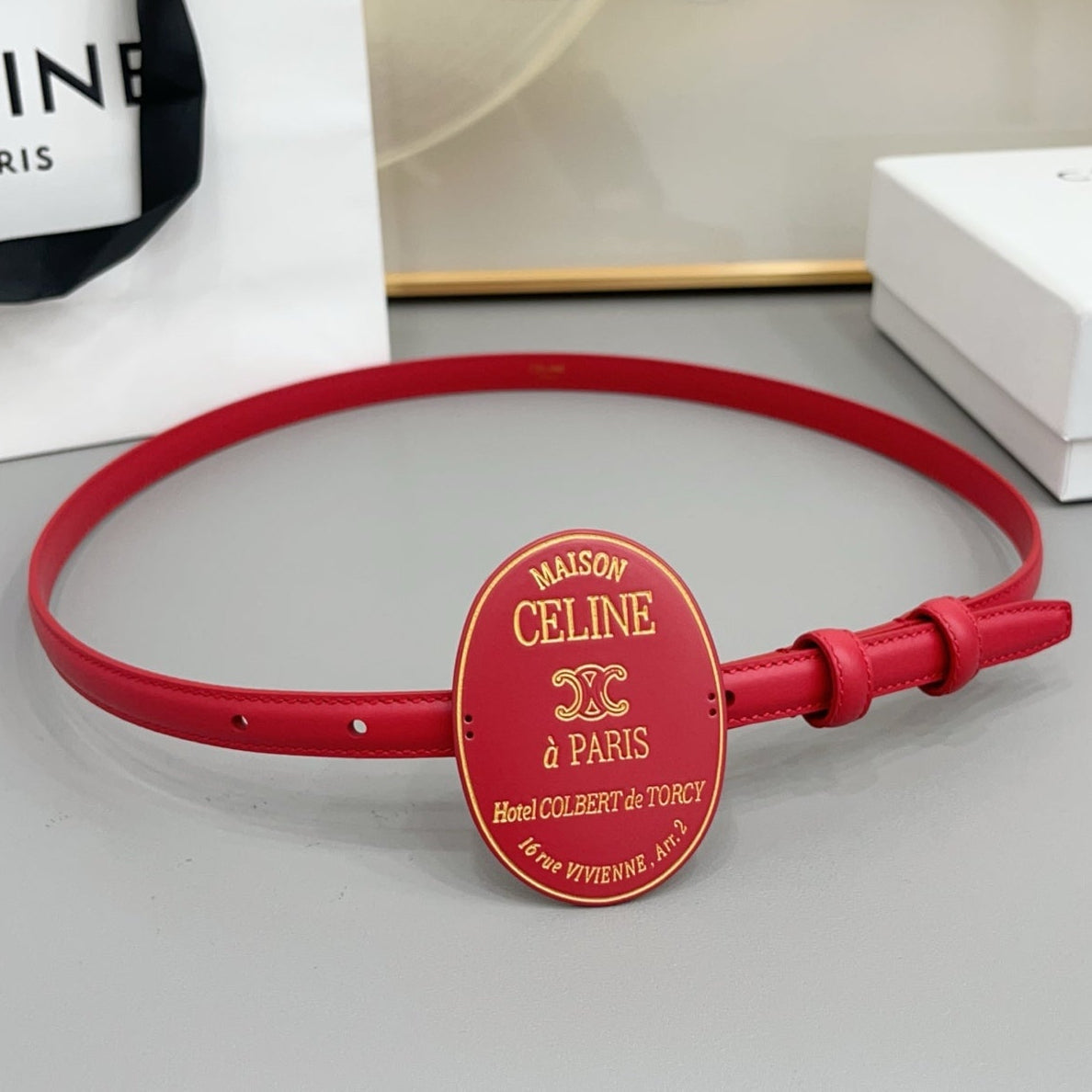 Celine 2026 Triomphe Slim Oval Badge Buckle Belt 13mm Red Leather