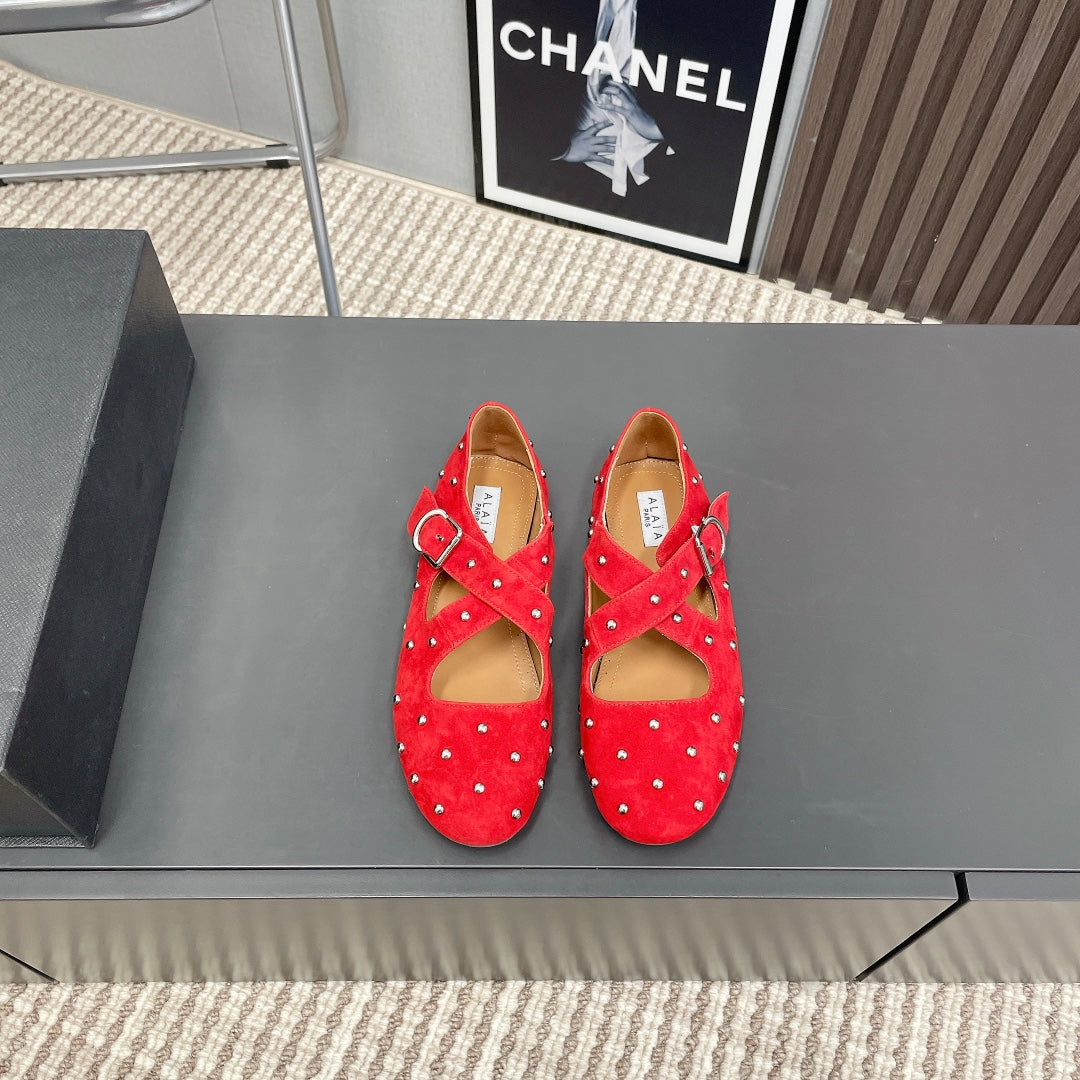 Alaia 2025 Criss Cross With Stud Ballet Flats Red Suede 293214